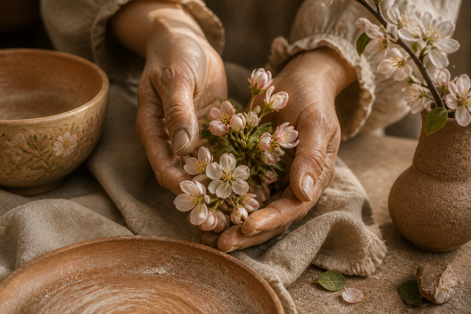 Hands holding pale spring blossoms beside handmade clay vessels