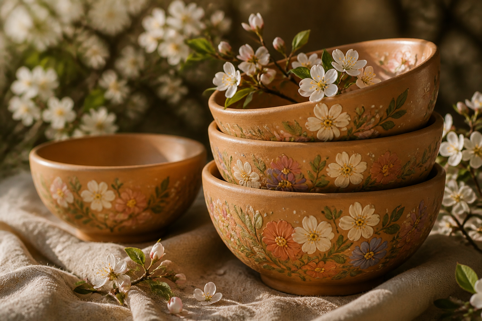 Hand-painted terracotta bowls with spring blossoms on linen