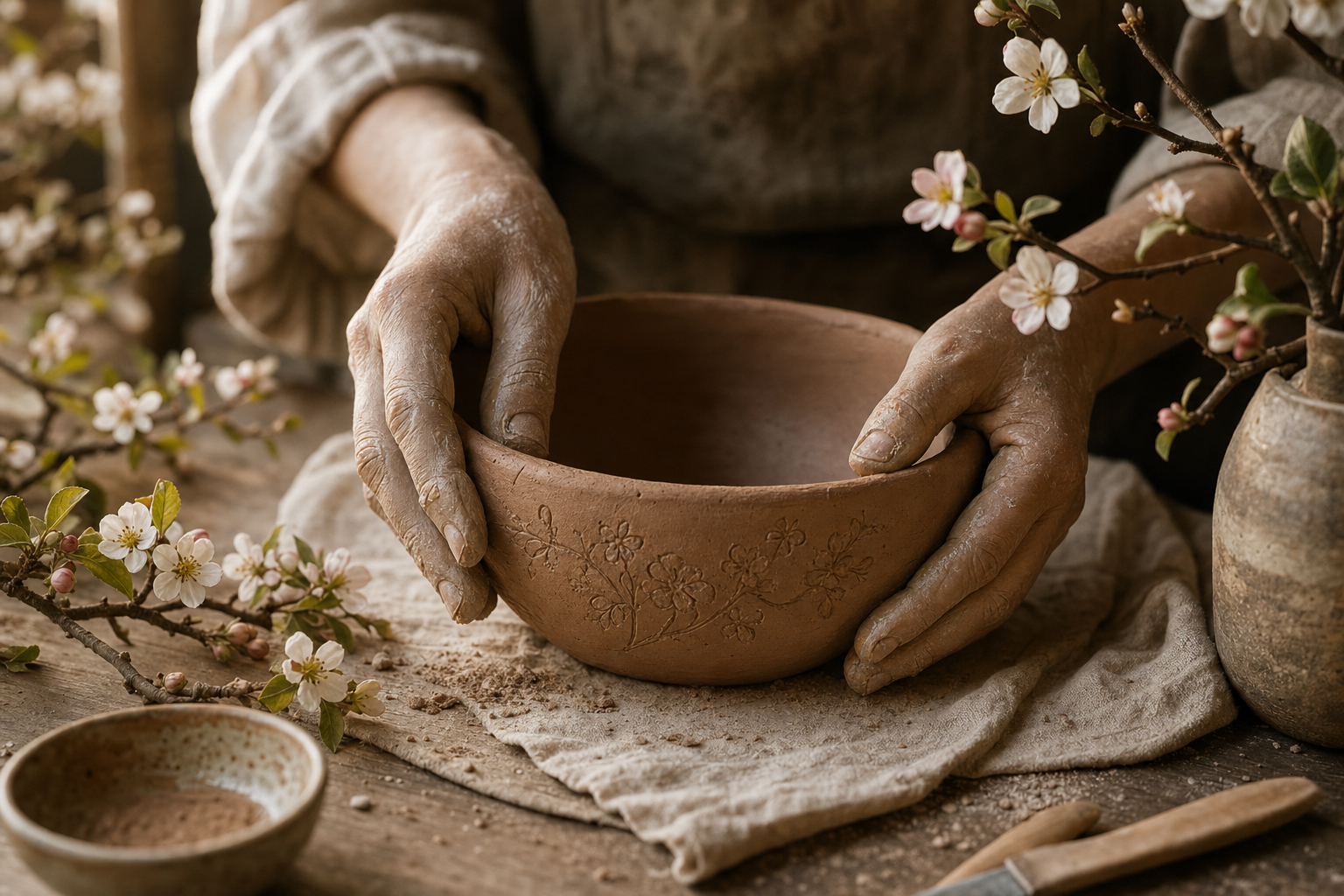 Clay-dusted hands shaping a handmade ceramic bowl