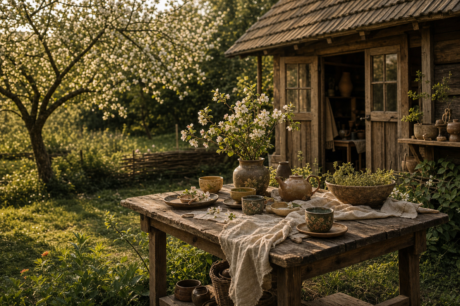 Countryside studio table with handmade ceramics and blossom branches