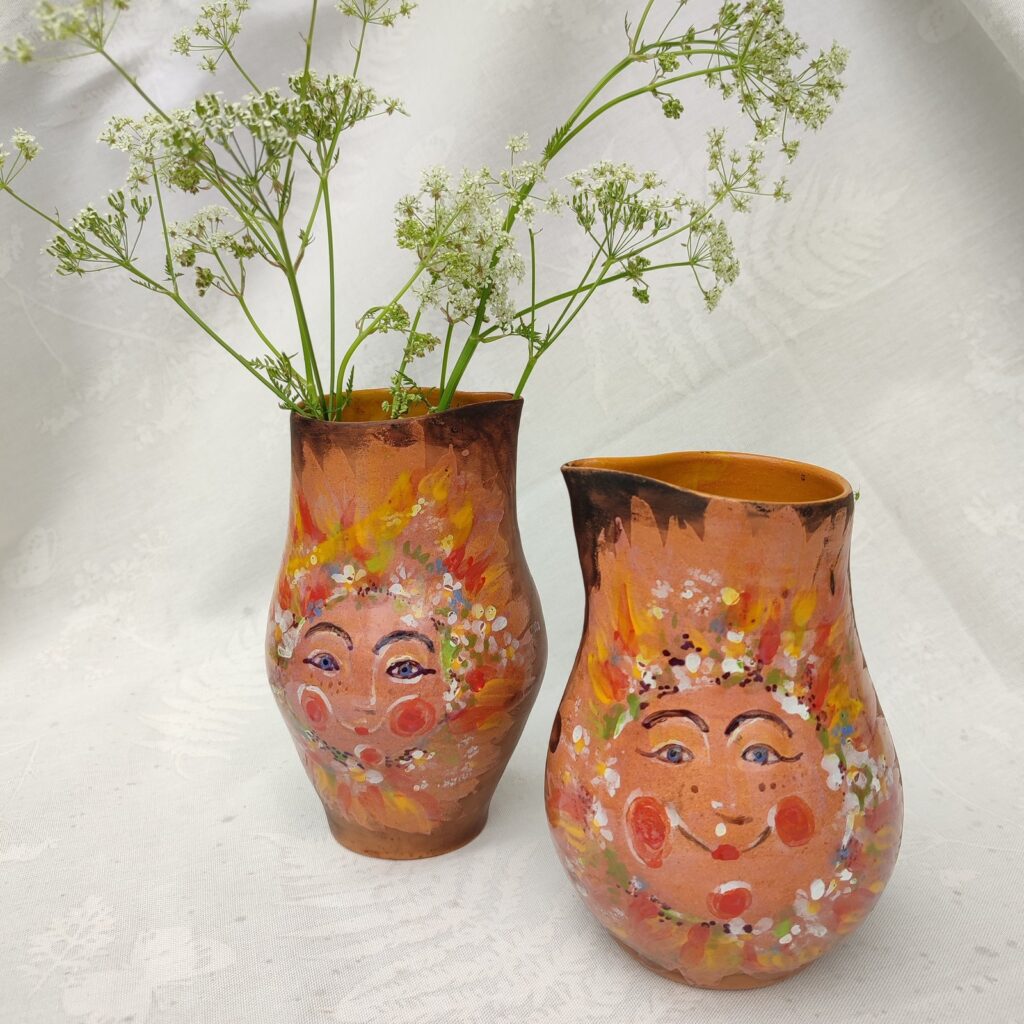 Whimsical Folk Art Face Vases Duo