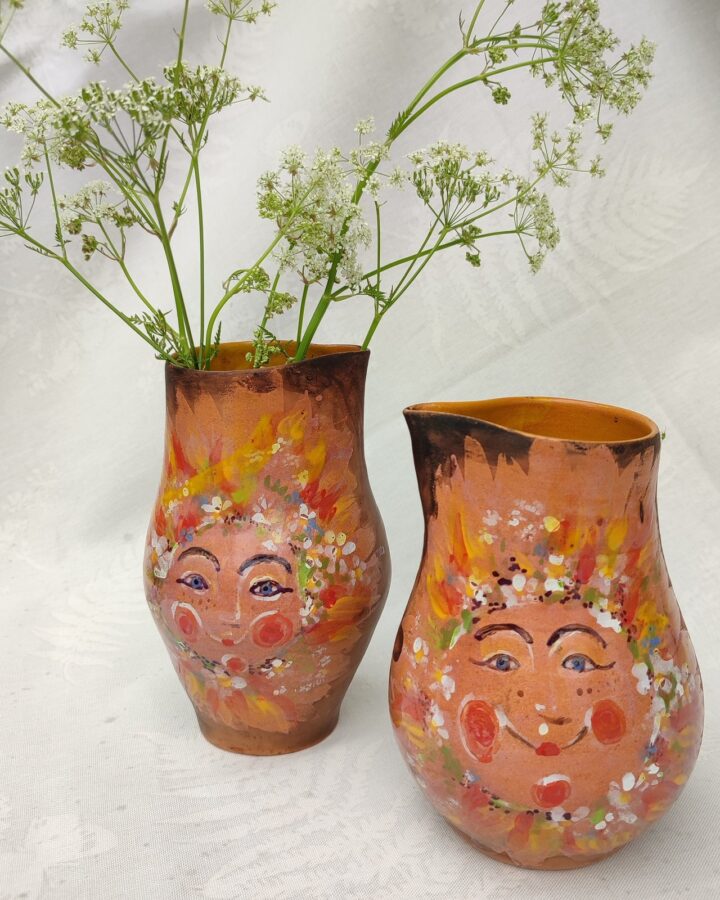 Whimsical Folk Art Face Vases Duo